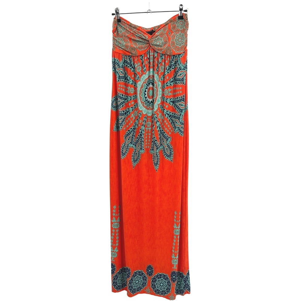 Boho Festival Strapless Maxi Dress Medium Orange Mandala Y2K Resort Indie